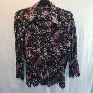 Bellisimo Sz Medium Pleated Black Floral Long Sleeve Office Siren Shirt